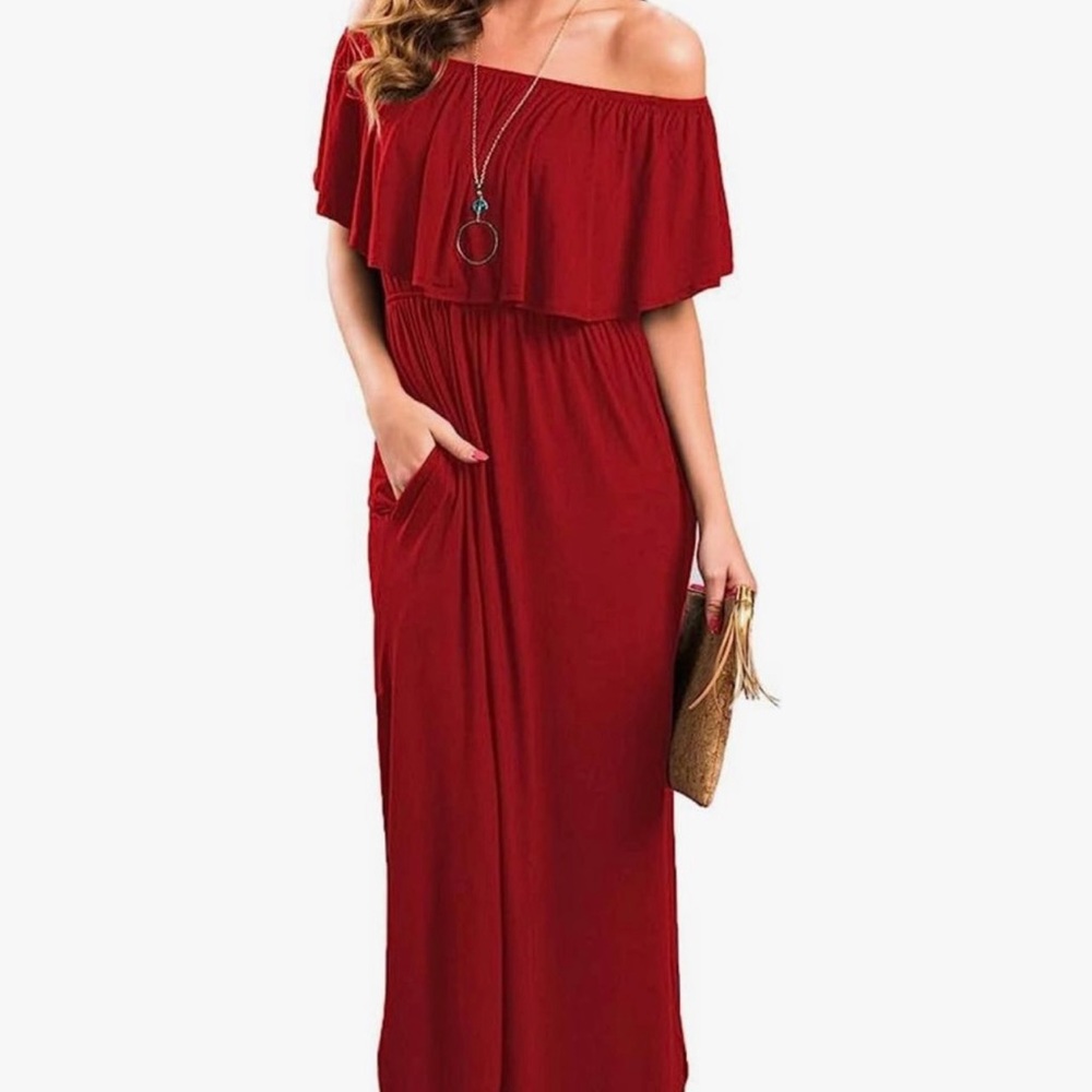 Red Off-Shoulder Ruffle Maxi Dress